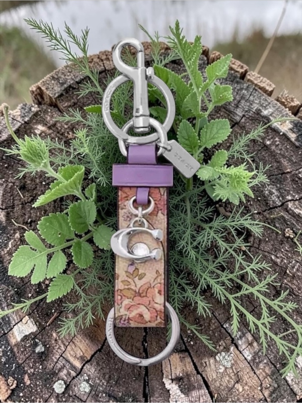 NWT Coach Trigger Snap Bag Charm Keychain Floral Purple Silver